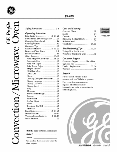 General Electric GE Profile Convection/Microwave Operating instructions for a GE Profile microwave/convention oven